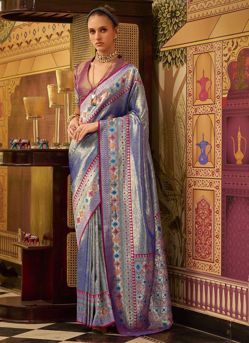 blue tissue silk blend with zari weaving festival wear saree
