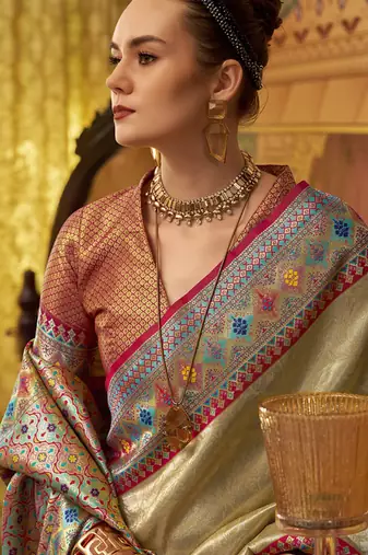 cream tissue silk blend with zari weaving festival wear saree