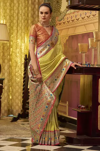 lemon tissue silk blend with zari weaving festival wear saree