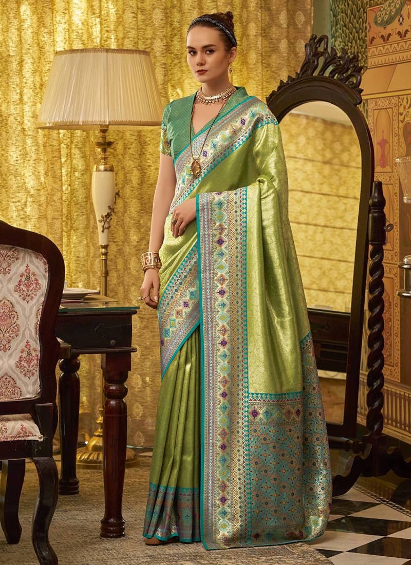 pista tissue silk blend with zari weaving festival wear saree