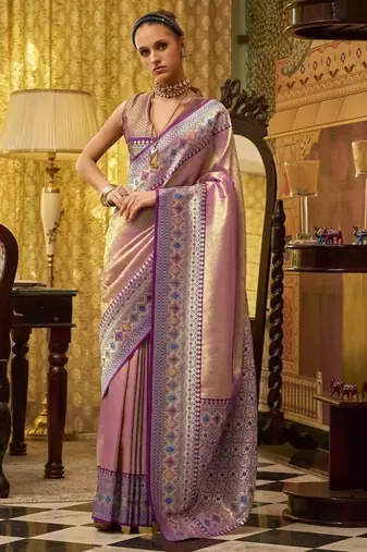 peach tissue silk blend with zari weaving festival wear saree