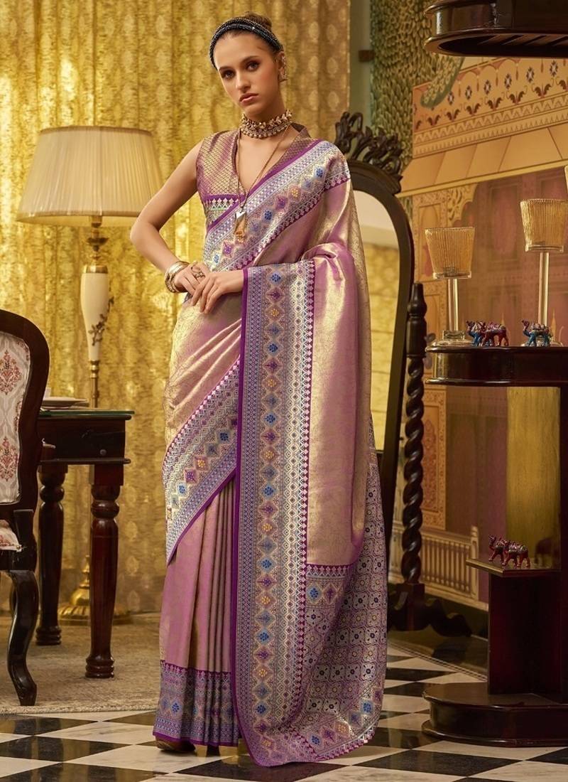 peach tissue silk blend with zari weaving festival wear saree
