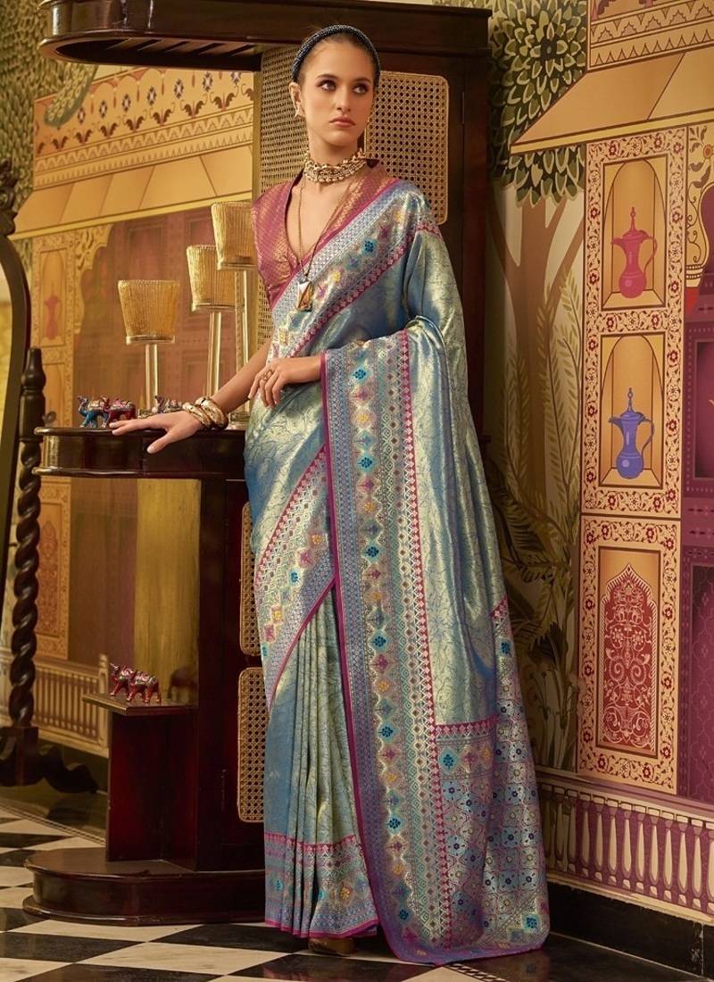 sky blue tissue silk blend with zari weaving festival wear saree