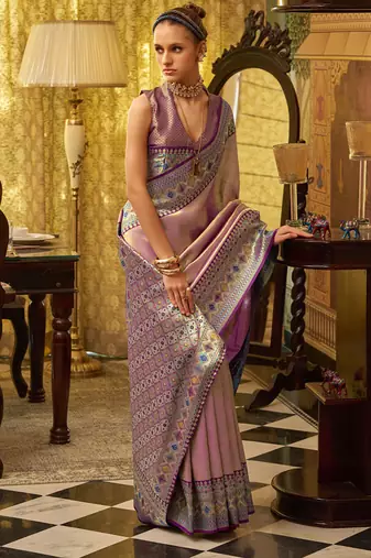 peach tissue silk blend with zari weaving festival wear saree