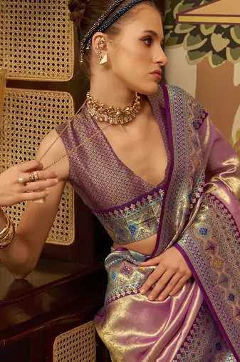 peach tissue silk blend with zari weaving festival wear saree