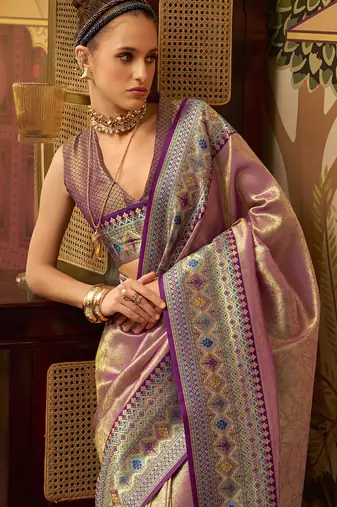 peach tissue silk blend with zari weaving festival wear saree