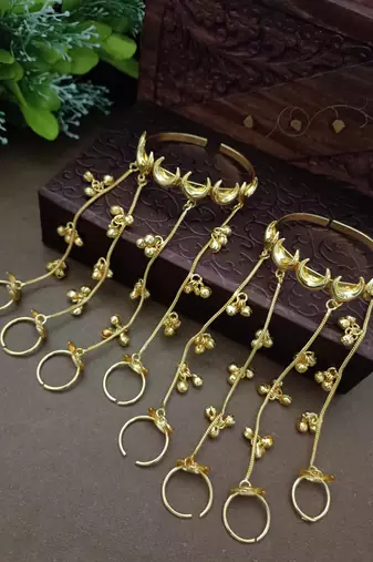 Set of 2 gold-plated chand hathphool with multi-chain ghungroo drops multi finger ring bracelets