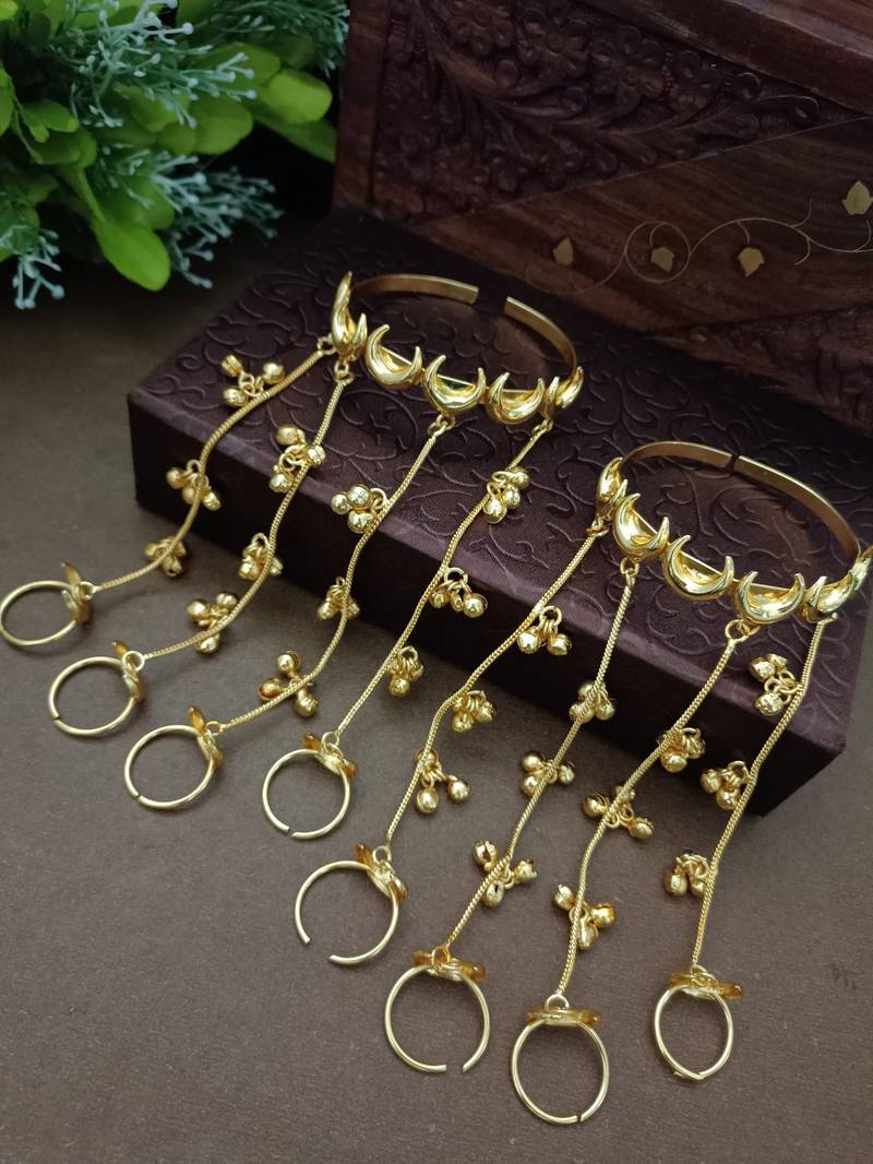 Set of 2 gold-plated chand hathphool with multi-chain ghungroo drops multi finger ring bracelets