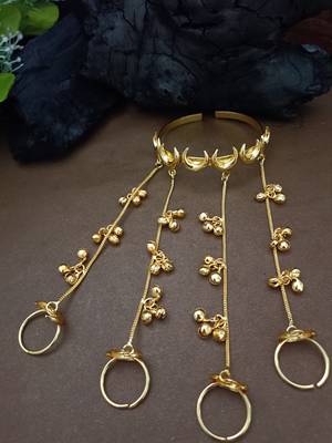 Set of 2 gold-plated chand hathphool with multi-chain ghungroo drops multi finger ring bracelets 3