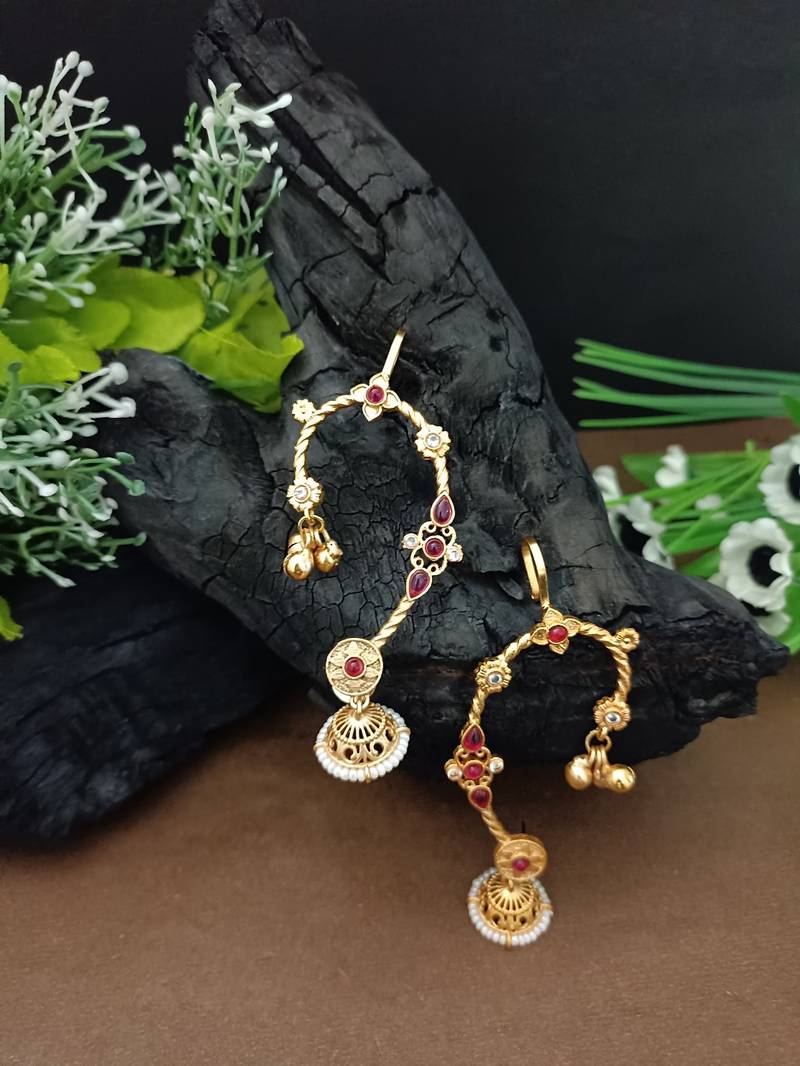 Gold-plated jhumki bugadi earcuff with red stones & pearl detailing