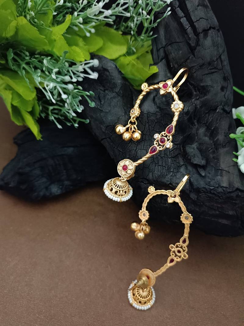 Gold-plated jhumki bugadi earcuff with red stones & pearl detailing