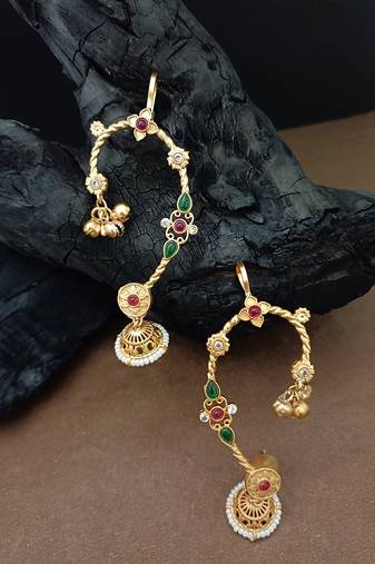 Gold-plated jhumki bugadi earcuff with multi stones & pearl detailing