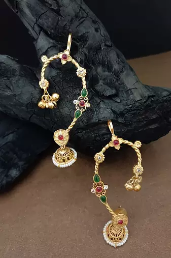 Gold-plated jhumki bugadi earcuff with multi stones & pearl detailing