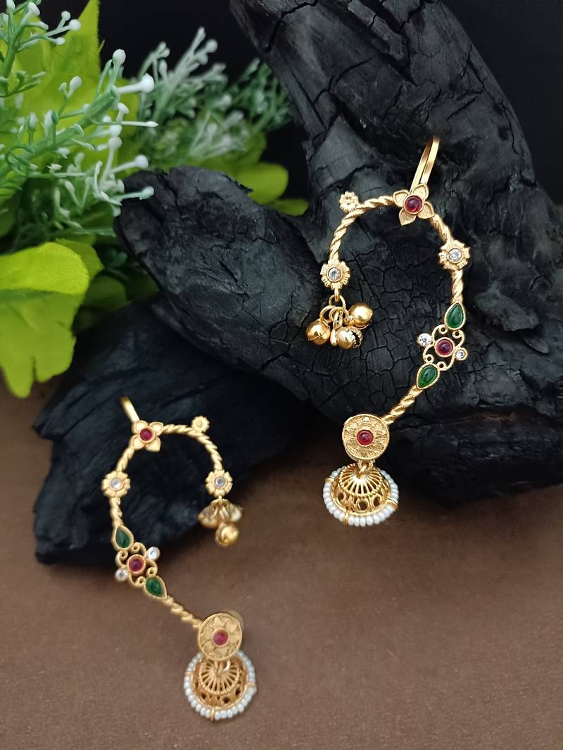 Gold-plated jhumki bugadi earcuff with multi stones & pearl detailing