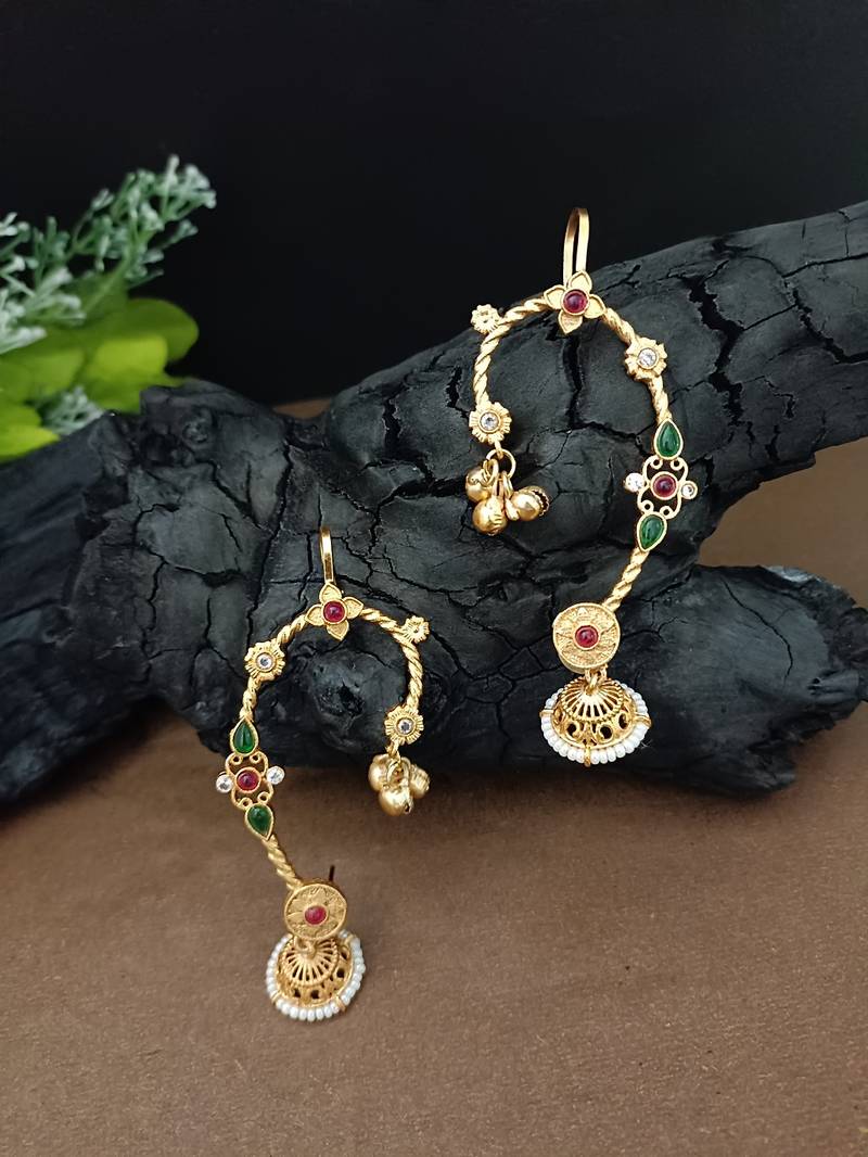 Gold-plated jhumki bugadi earcuff with multi stones & pearl detailing