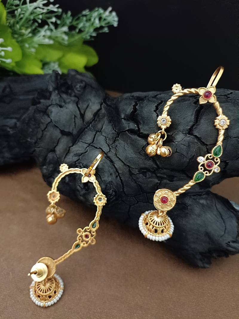 Gold-plated jhumki bugadi earcuff with multi stones & pearl detailing