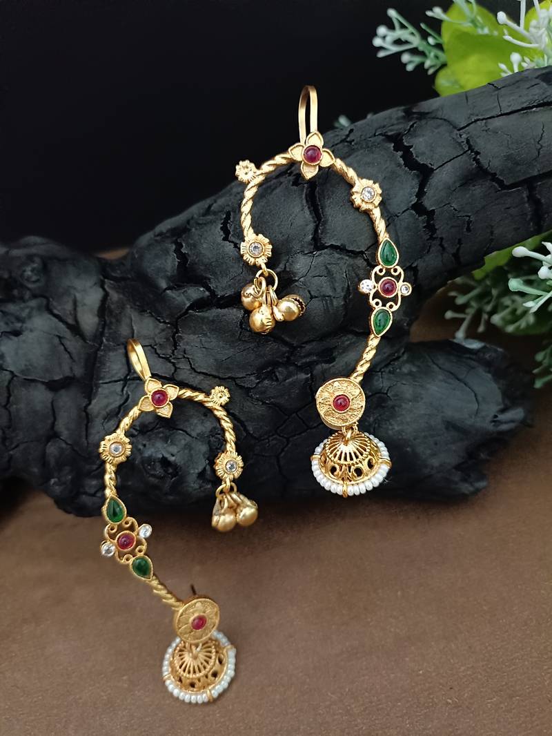 Gold-plated jhumki bugadi earcuff with multi stones & pearl detailing