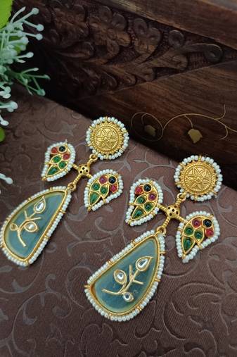 Gold plated pachi kundan studded peacock pink green drop earrings