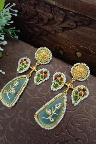 Gold plated pachi kundan studded peacock pink green drop earrings
