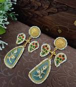Gold plated pachi kundan studded peacock pink green drop earrings