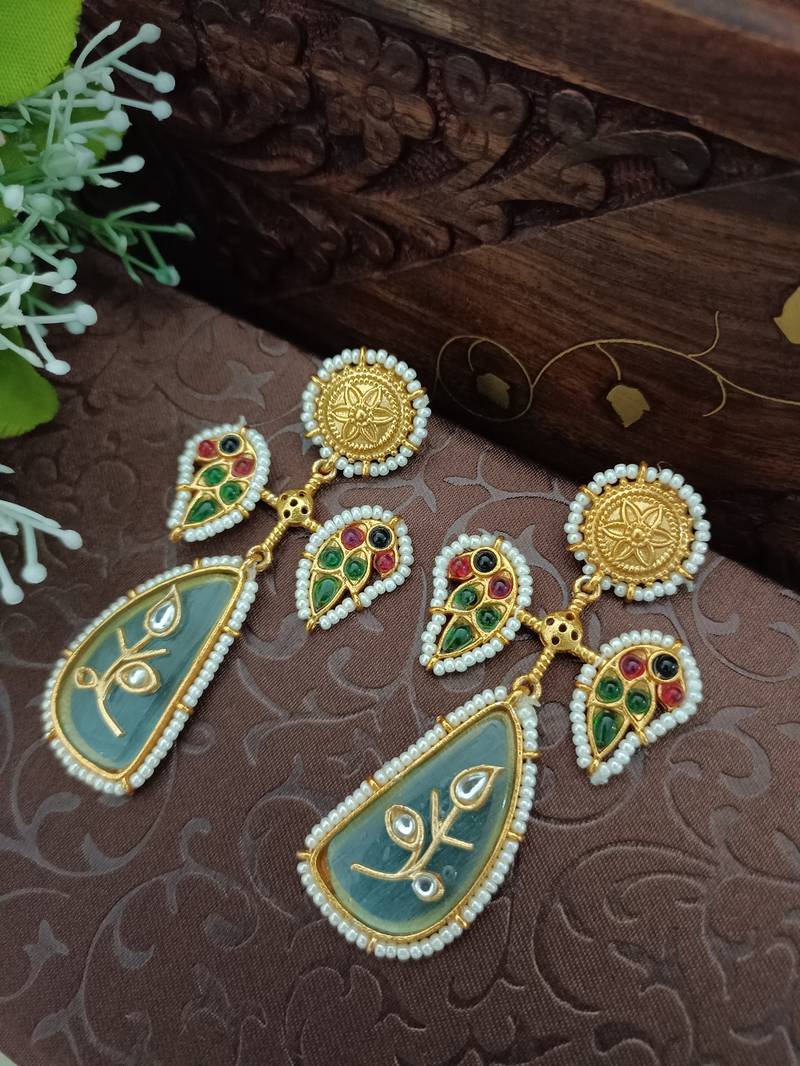 Gold plated pachi kundan studded peacock pink green drop earrings