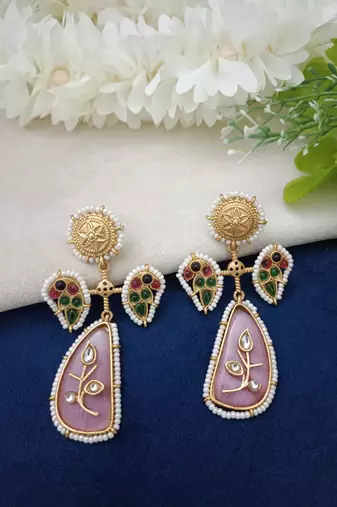 Gold plated pachi kundan studded peacock pink drop earrings