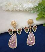Gold plated pachi kundan studded peacock pink drop earrings