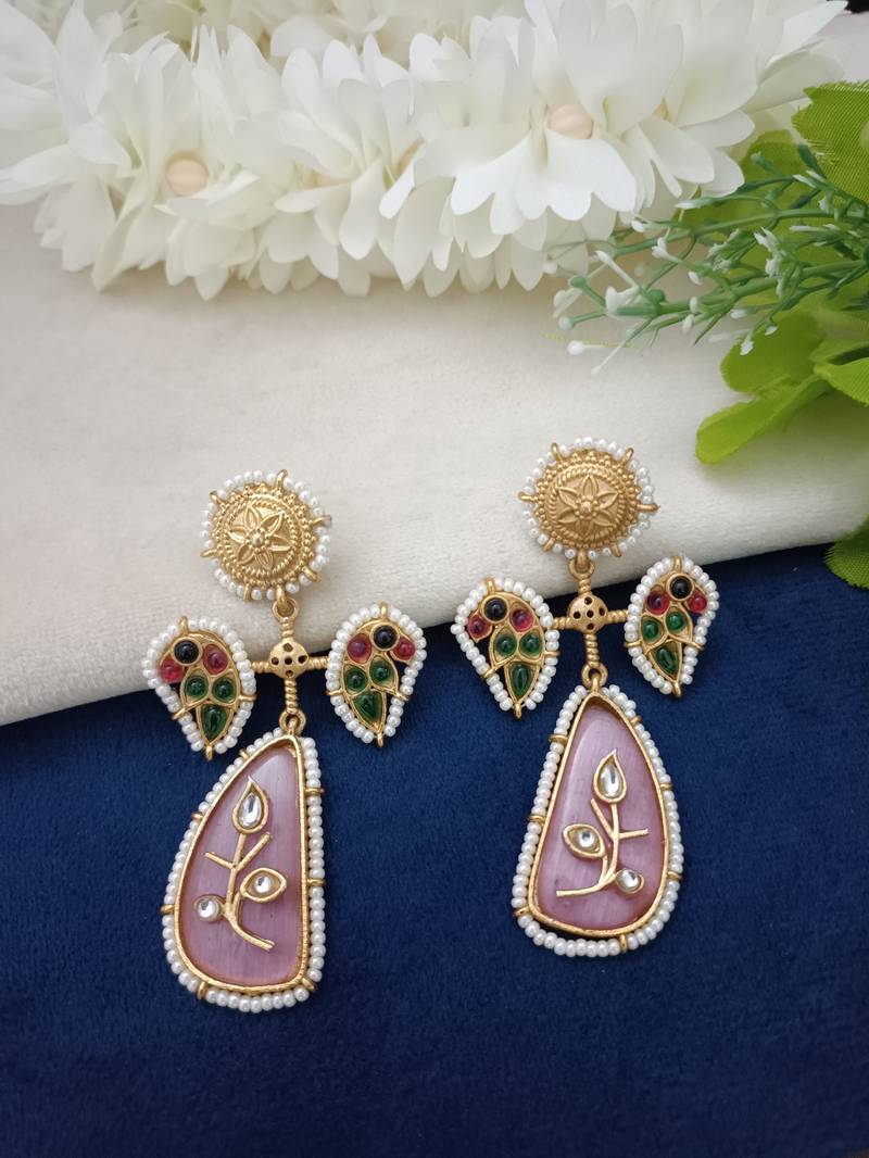 Gold plated pachi kundan studded peacock pink drop earrings