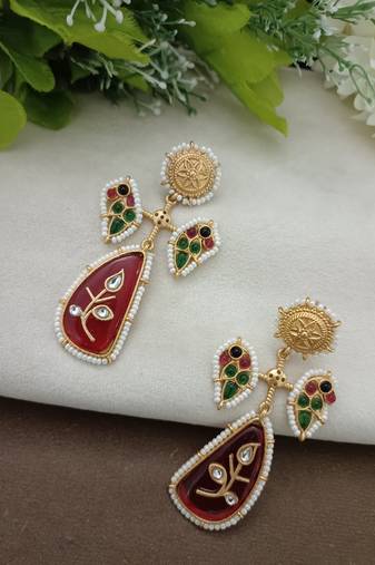 Gold plated pachi kundan studded peacock red drop earrings
