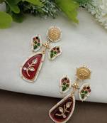 Gold plated pachi kundan studded peacock red drop earrings