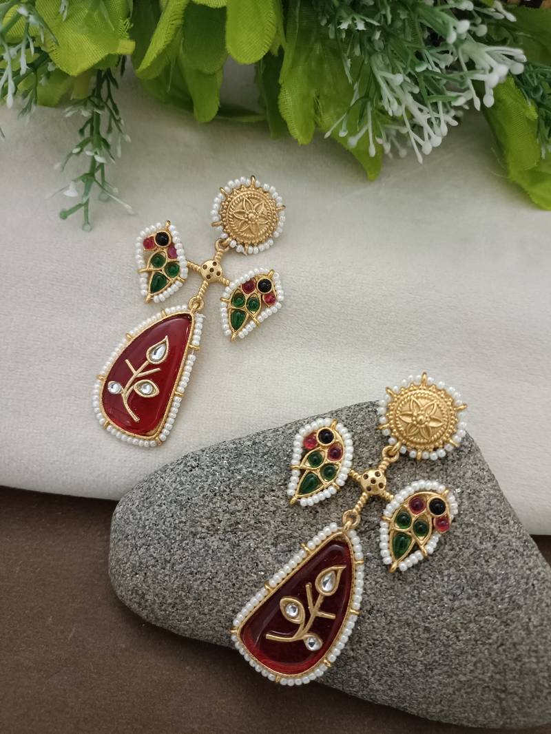 Gold plated pachi kundan studded peacock red drop earrings