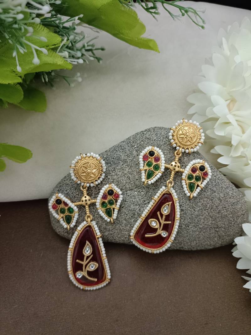 Gold plated pachi kundan studded peacock red drop earrings