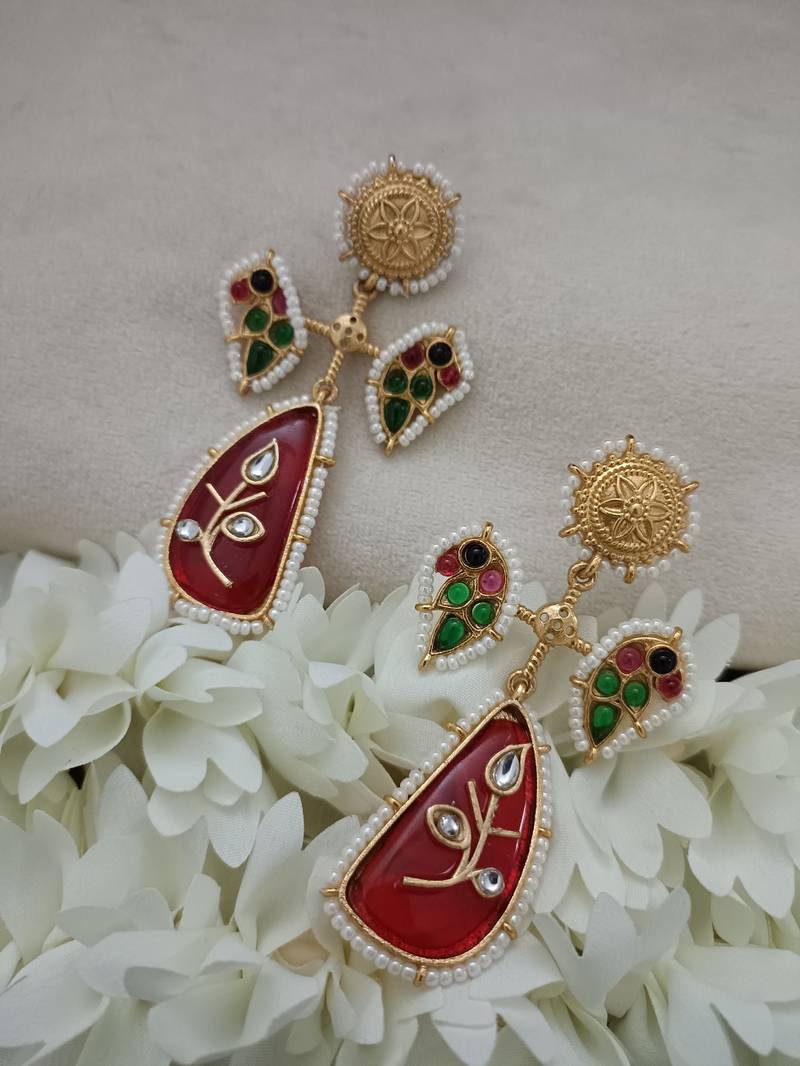 Gold plated pachi kundan studded peacock red drop earrings