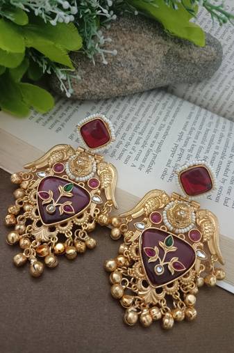 Gold plated pachi kundan studded bird chandbali kashmiri ghungaroo red drop earrings