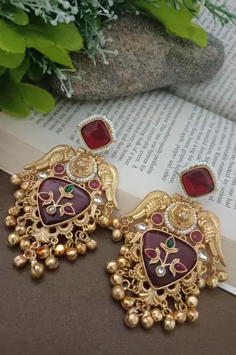 Gold plated pachi kundan studded bird chandbali kashmiri ghungaroo red drop earrings