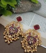 Gold plated pachi kundan studded bird chandbali kashmiri ghungaroo red drop earrings