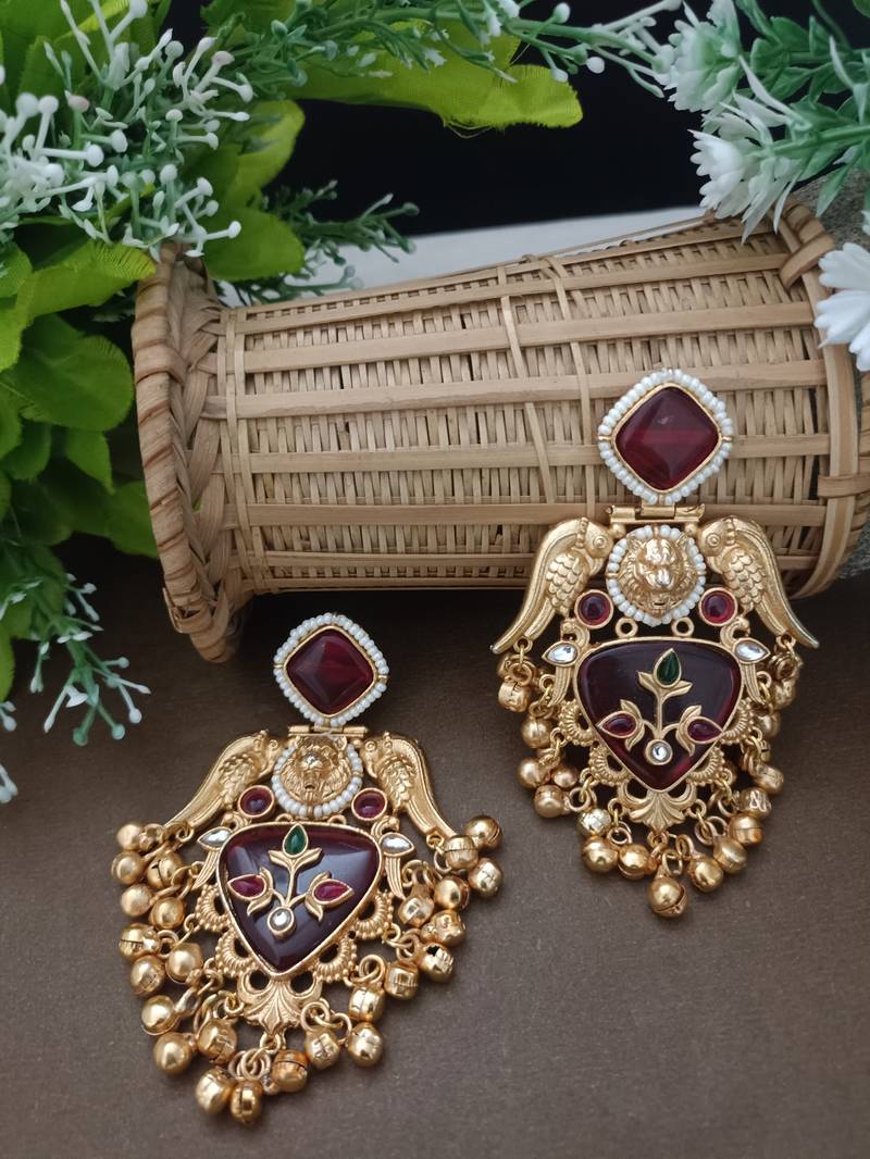Gold plated pachi kundan studded bird chandbali kashmiri ghungaroo red drop earrings