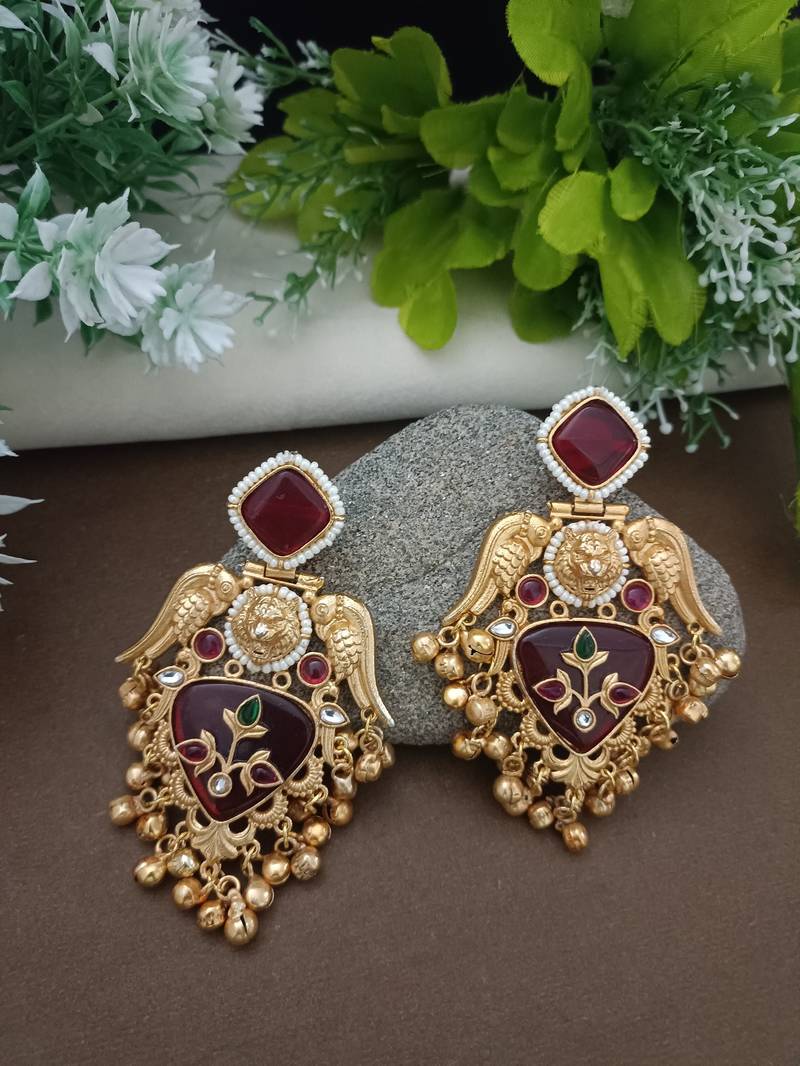 Gold plated pachi kundan studded bird chandbali kashmiri ghungaroo red drop earrings