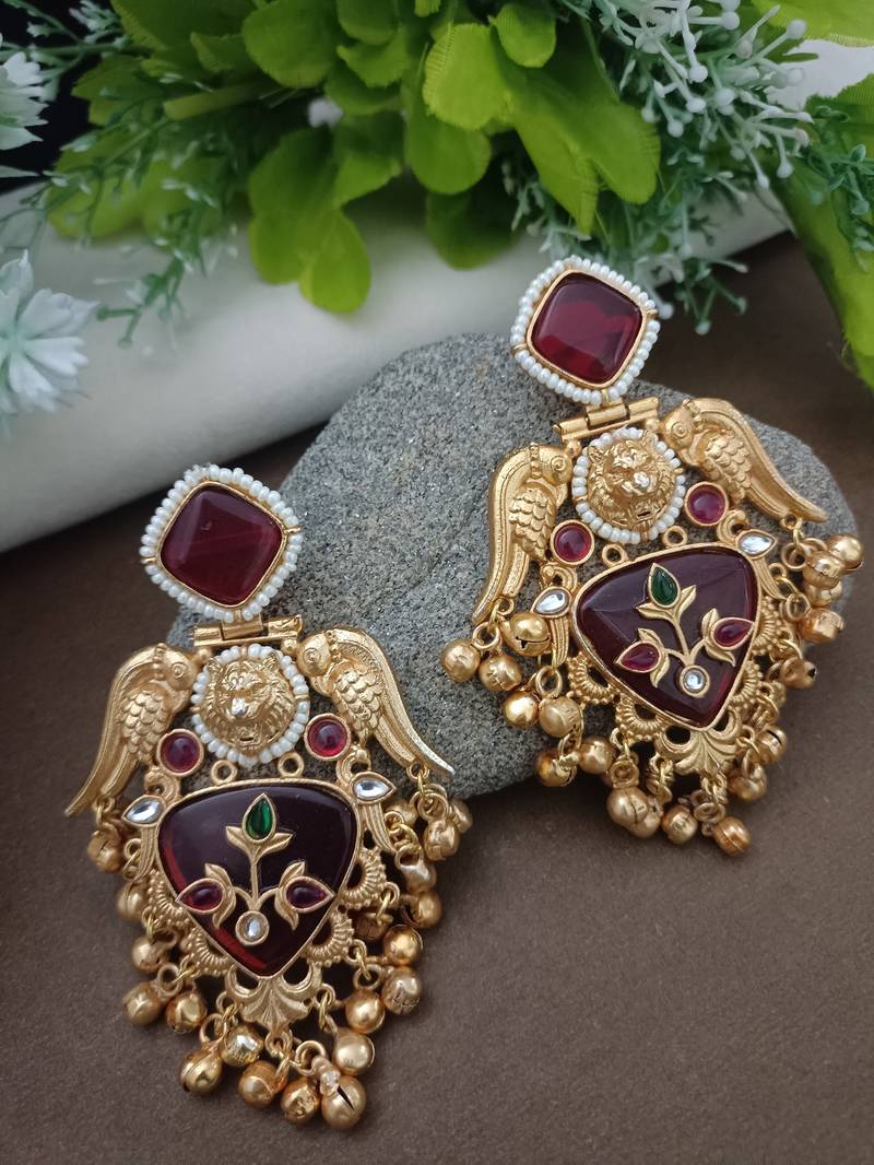 Gold plated pachi kundan studded bird chandbali kashmiri ghungaroo red drop earrings