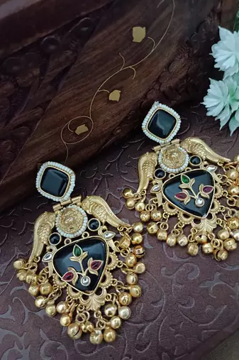 Gold plated pachi kundan studded bird chandbali kashmiri ghungaroo black drop earrings