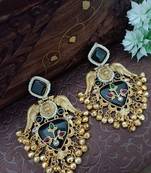 Gold plated pachi kundan studded bird chandbali kashmiri ghungaroo black drop earrings