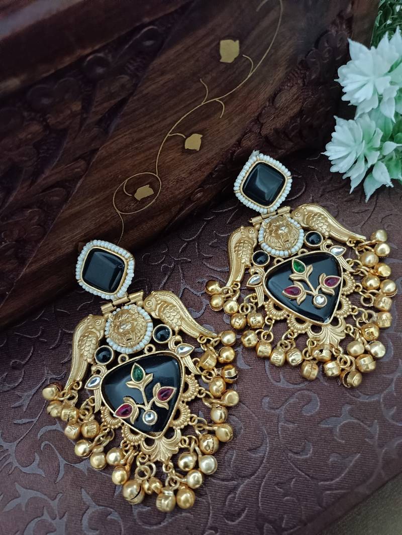 Gold plated pachi kundan studded bird chandbali kashmiri ghungaroo black drop earrings