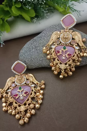 Gold plated pachi kundan studded bird chandbali kashmiri ghungaroo pink drop earrings