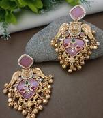 Gold plated pachi kundan studded bird chandbali kashmiri ghungaroo pink drop earrings