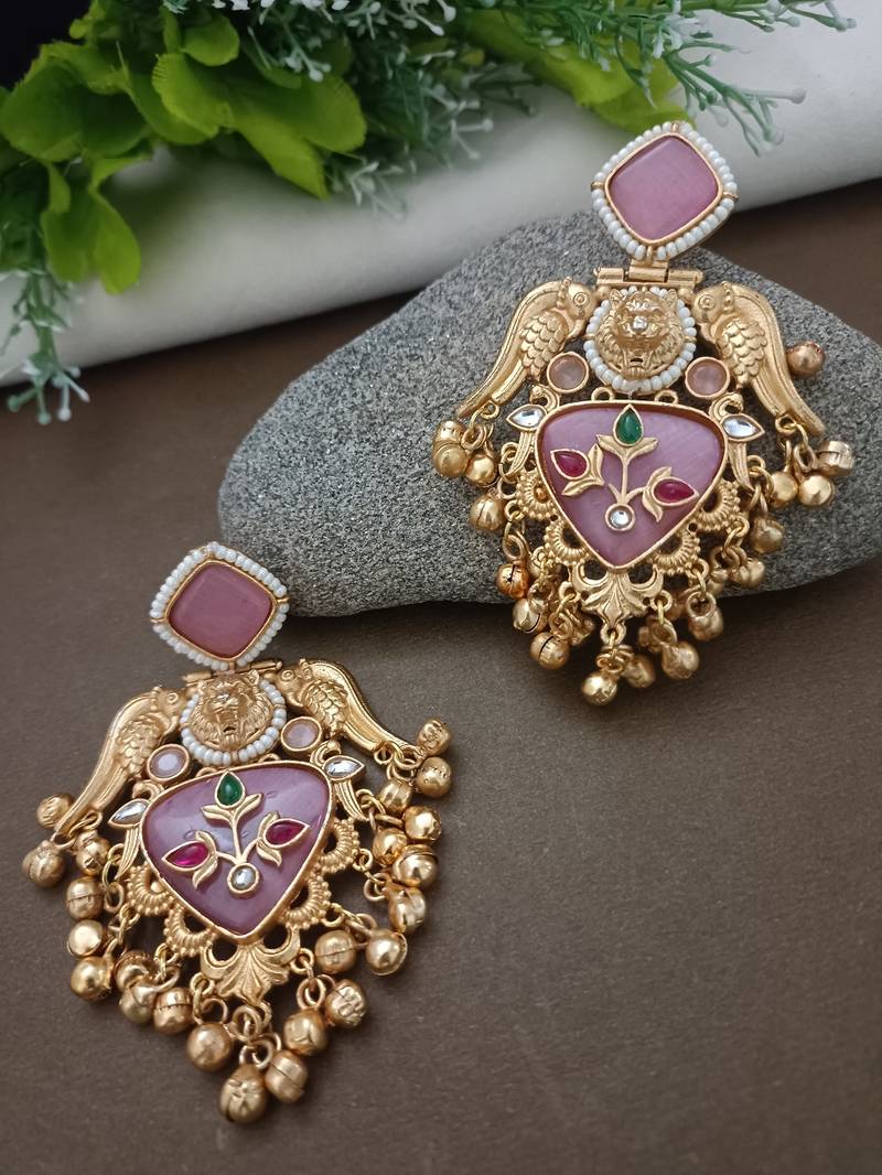 Gold plated pachi kundan studded bird chandbali kashmiri ghungaroo pink drop earrings