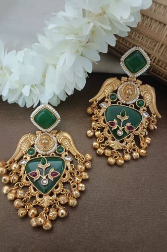 Gold plated pachi kundan studded bird chandbali kashmiri ghungaroo green drop earrings