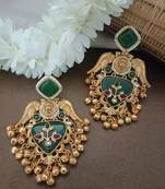 Gold plated pachi kundan studded bird chandbali kashmiri ghungaroo green drop earrings