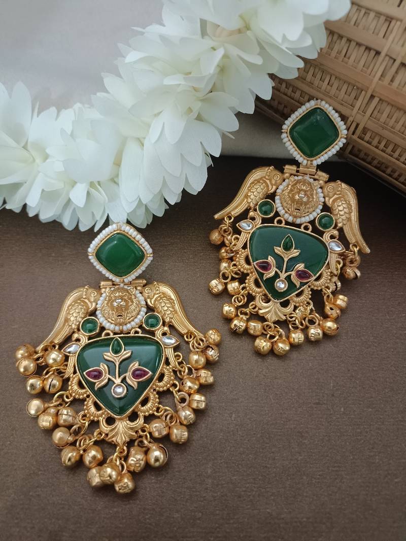 Gold plated pachi kundan studded bird chandbali kashmiri ghungaroo green drop earrings