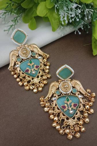 Gold plated pachi kundan studded bird chandbali kashmiri ghungaroo blue drop earrings