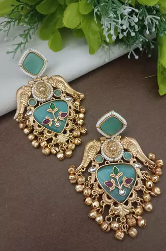 Gold plated pachi kundan studded bird chandbali kashmiri ghungaroo blue drop earrings